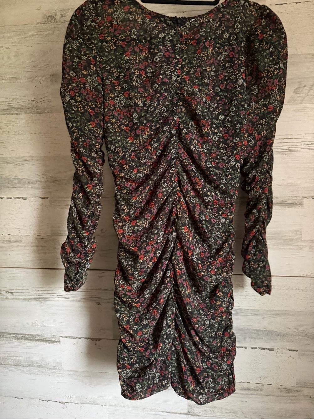 Lush Black Floral Ruched Long-Sleeve Mini Dress